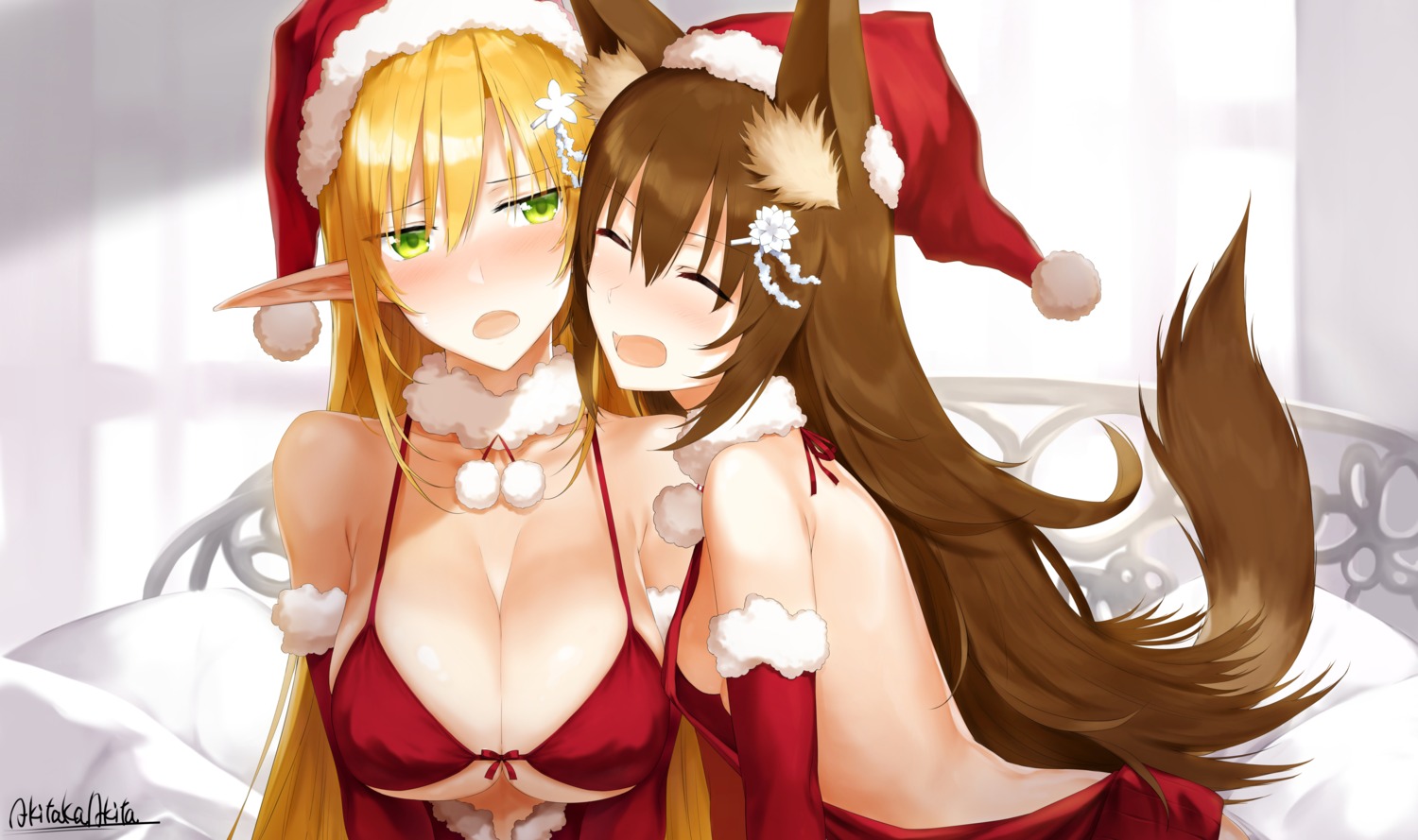 akitaka_akita animal_ears bikini_top christmas cleavage no_bra pointy_ears swimsuits tail underboob