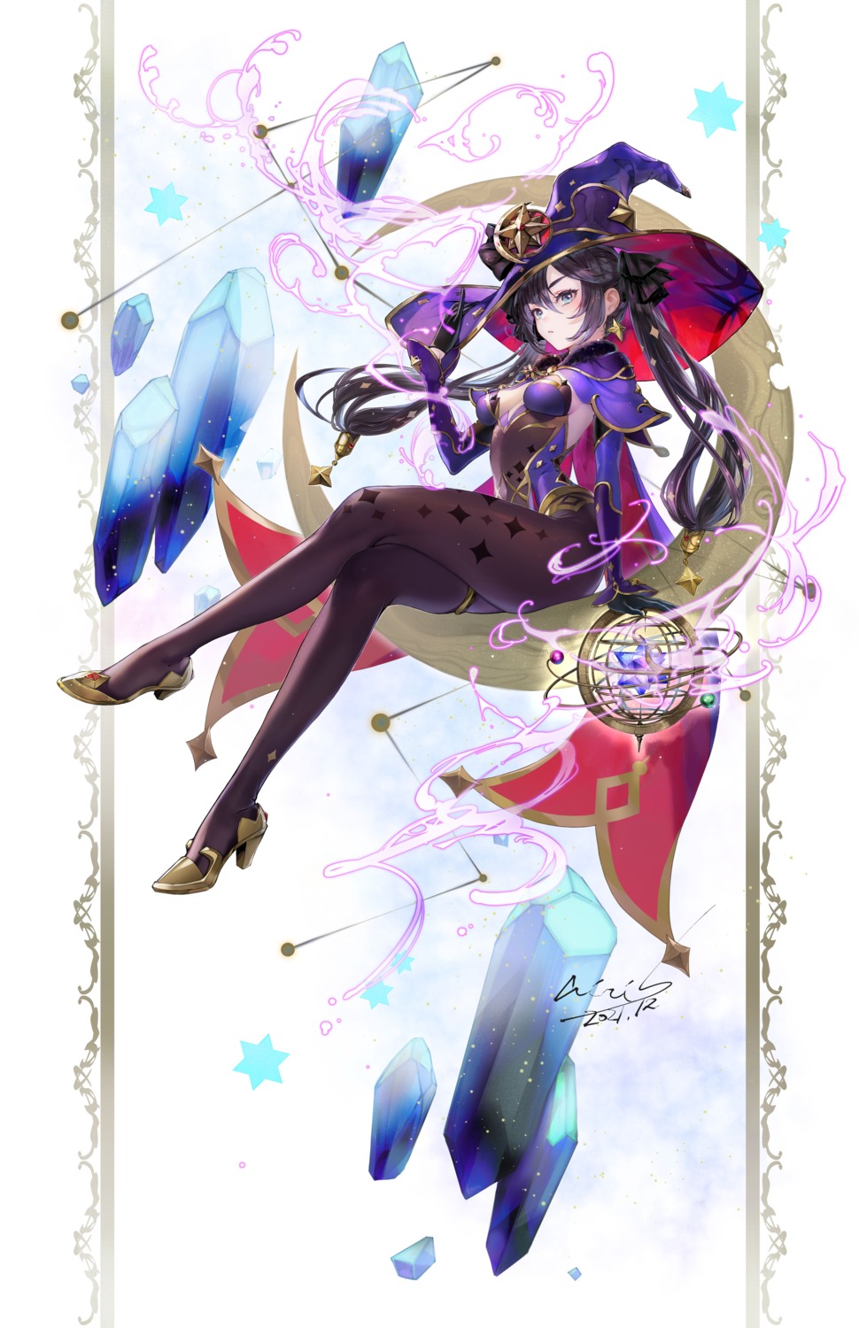 garter genshin_impact heels hori_airi leotard mona_megistus no_bra pantyhose witch