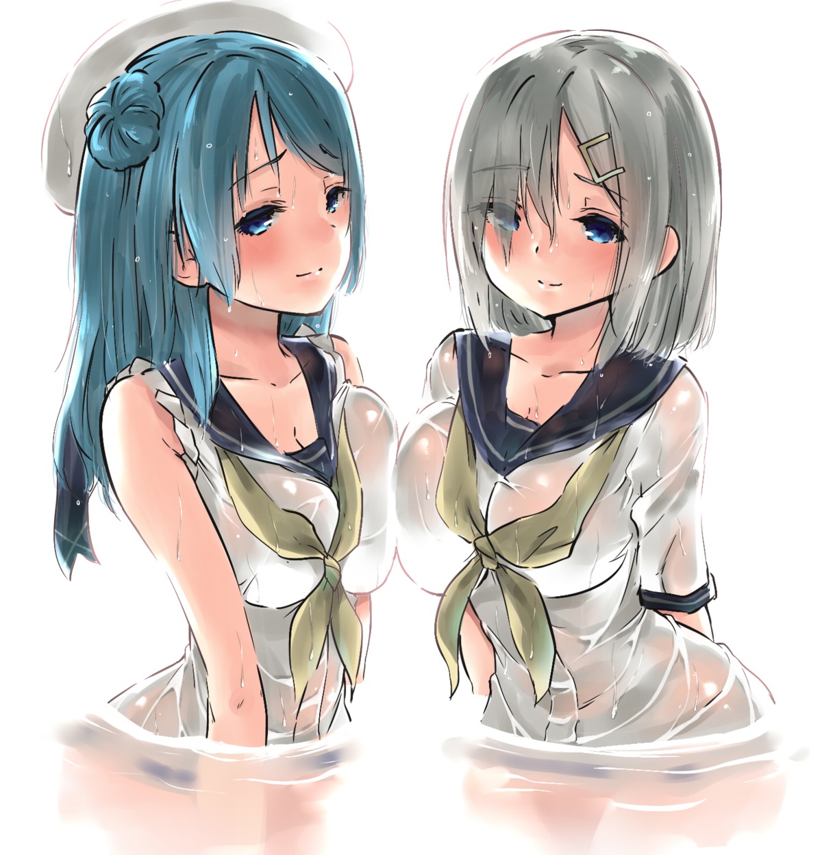 cleavage hamakaze_(kancolle) kantai_collection sarfata see_through seifuku urakaze_(kancolle) wet wet_clothes