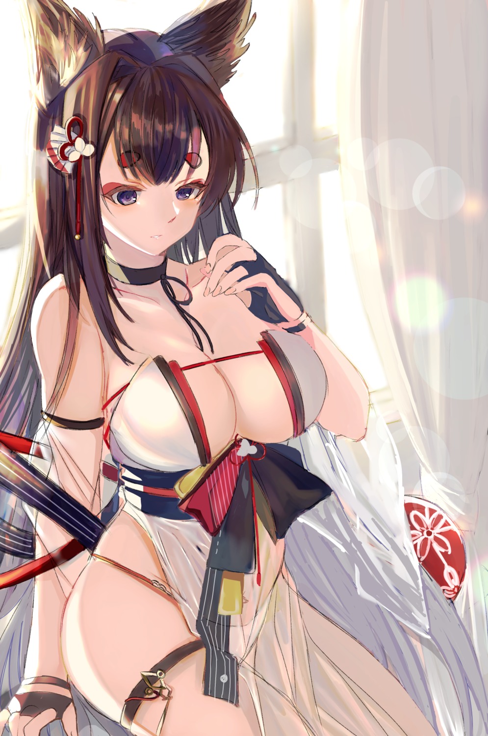 amagi_(azur_lane) animal_ears azur_lane bikini garter japanese_clothes kitsune see_through shibaebi_(yasaip_game) swimsuits