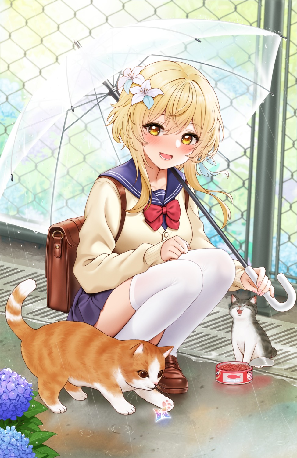 fukuro_ko_(greentea) genshin_impact lumine neko seifuku skirt_lift sweater thighhighs umbrella