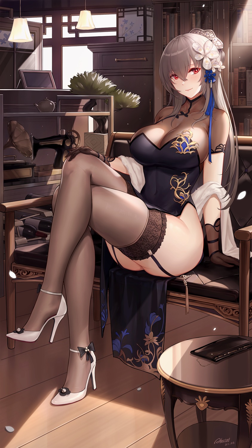 alexiel_(pixiv6211566) azur_lane chinadress heels no_bra saint_louis_(azur_lane) see_through stockings thighhighs