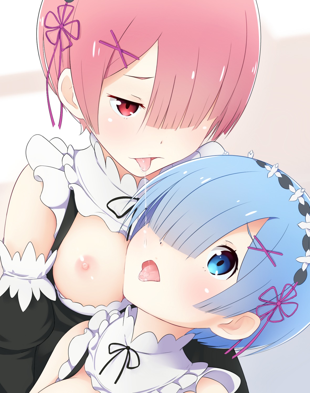 breasts maid nipples no_bra ram_(re_zero) re_zero_kara_hajimeru_isekai_seikatsu rem_(re_zero) tagme yuri