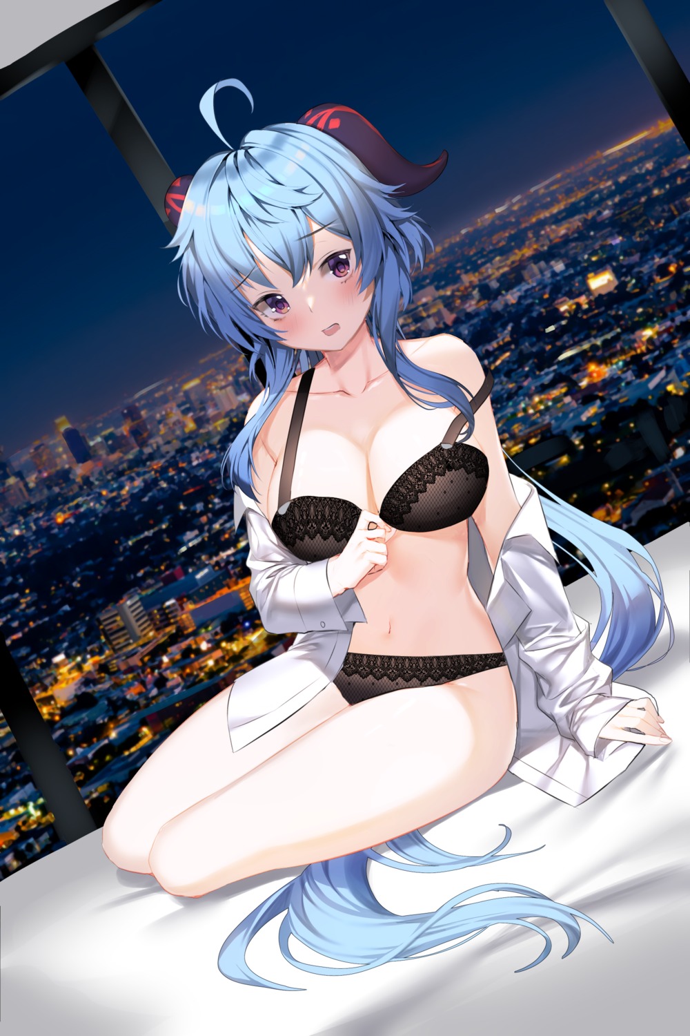 aile_(crossroads) bra dress_shirt ganyu genshin_impact horns open_shirt pantsu