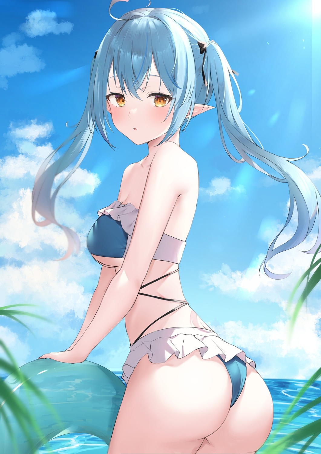 ass bikini elf hololive pointy_ears shinomori swimsuits thong yukihana_lamy