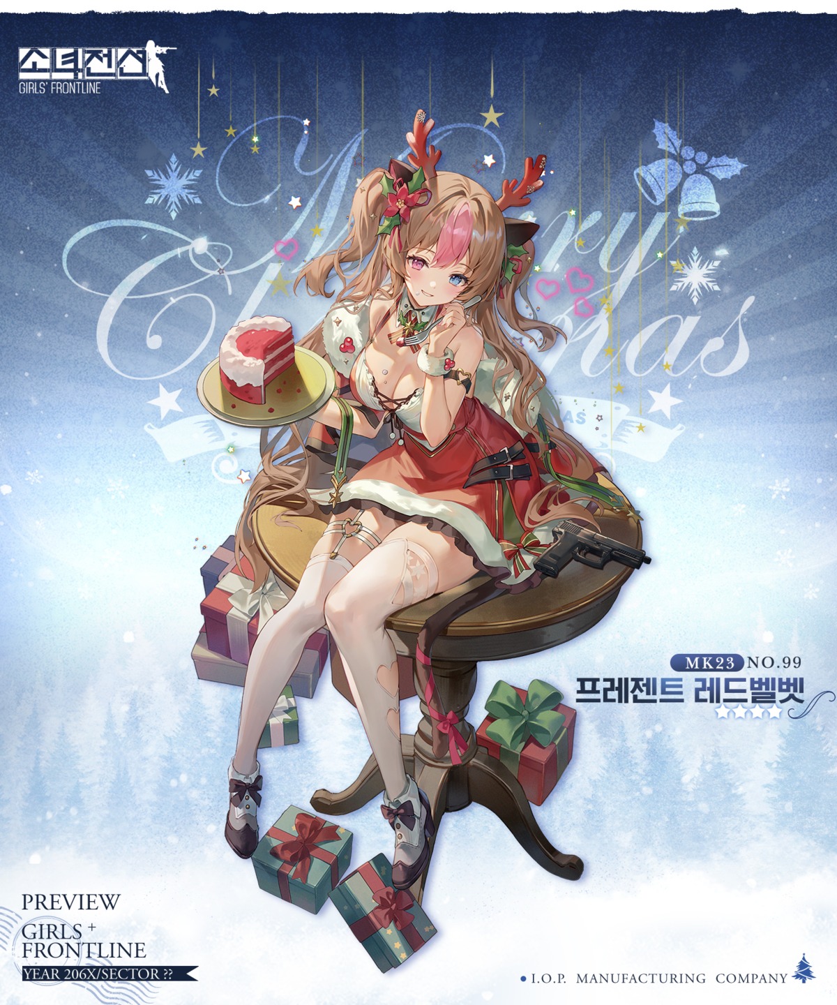 animal_ears christmas cream dress garter girls_frontline gun heels heterochromia horns mk_23_(girls_frontline) no_bra stockings tail thighhighs yeonwa