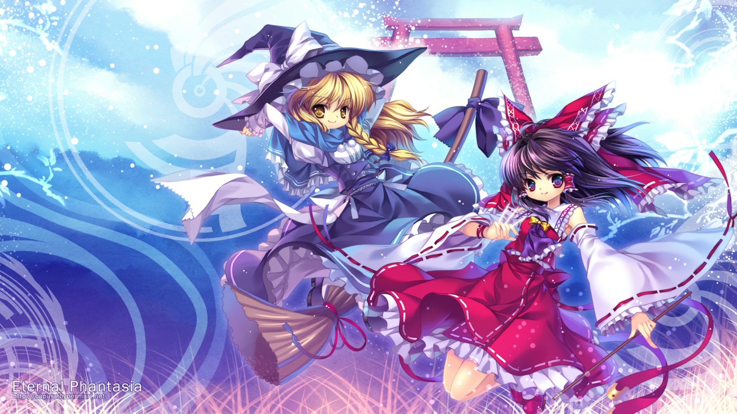 capura_lin hakurei_reimu kirisame_marisa touhou wallpaper