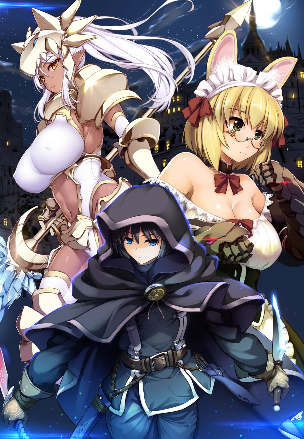 animal_ears armor cleavage erect_nipples maid megane ouma_tokiichi pointy_ears thighhighs weapon