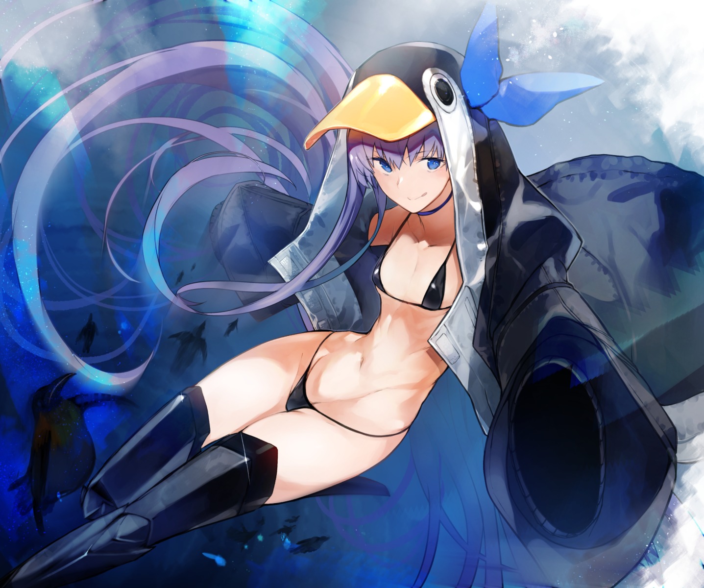 bikini fate/grand_order meltryllis nishiide_kengorou open_shirt penguin swimsuits thighhighs