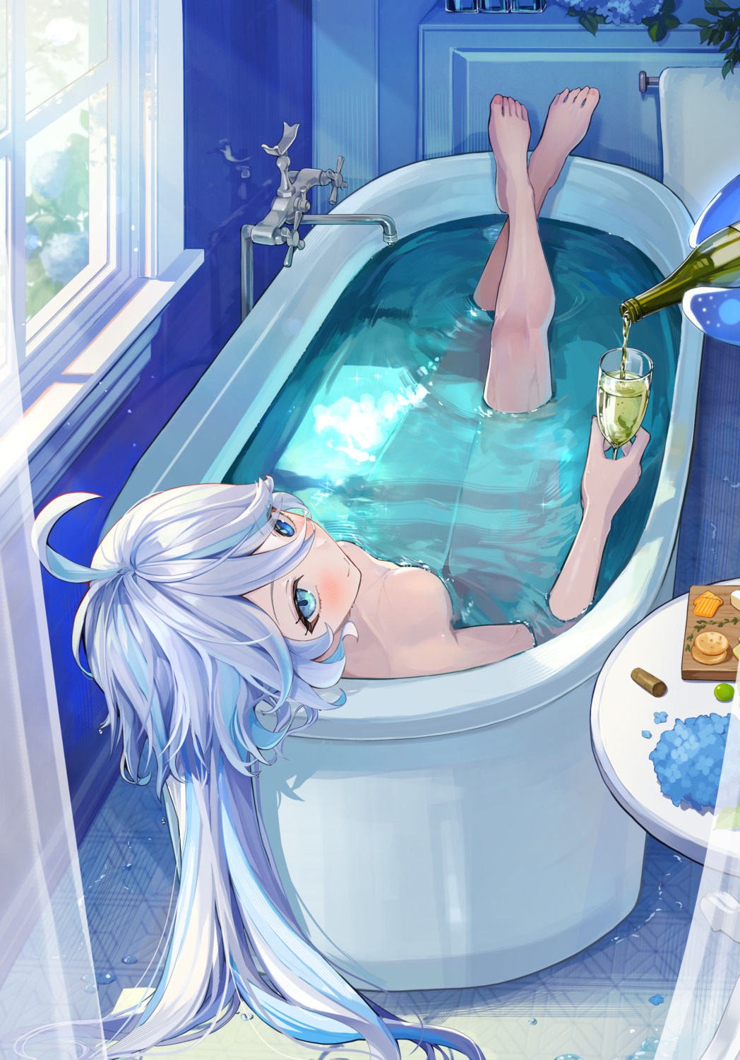 bathing feet furina genshin_impact heterochromia pi_tayuko topless wet