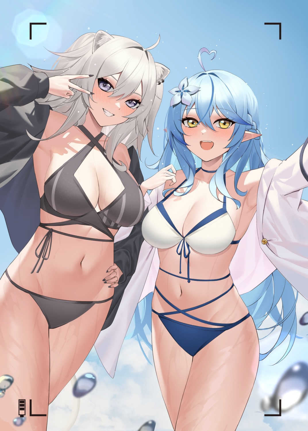 animal_ears bikini elf hololive jmao open_shirt pointy_ears selfie shishiro_botan swimsuits wet yukihana_lamy