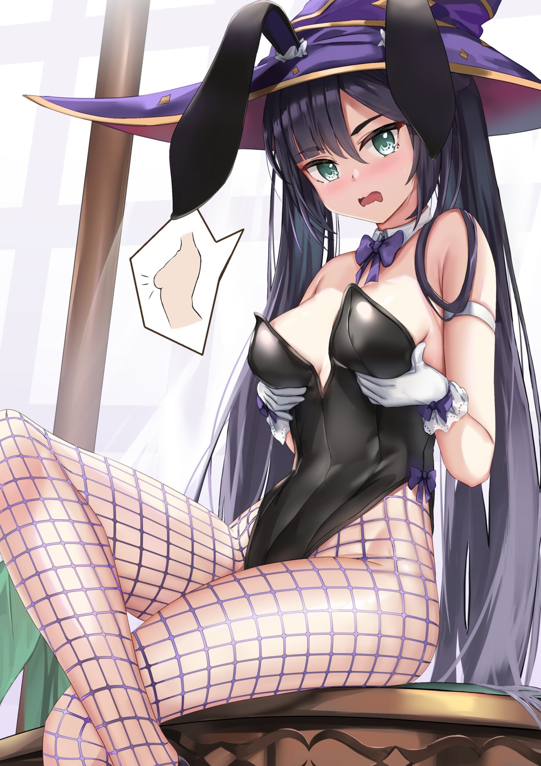 animal_ears breast_hold bunny_ears bunny_girl fishnets genshin_impact mona_megistus pantyhose skai_kun witch