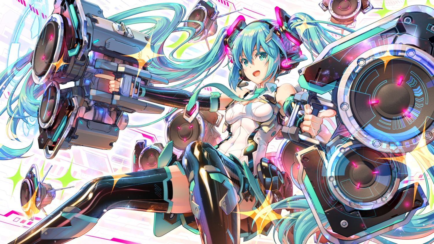 hatsune_miku headphones pinakes skirt_lift thighhighs vocaloid wallpaper weapon