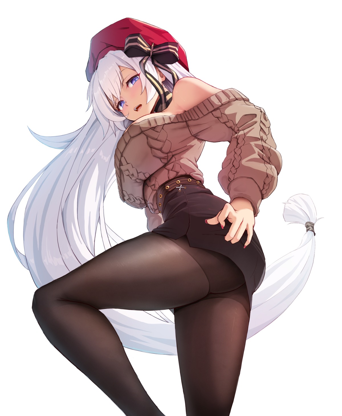 ass azur_lane belfast_(azur_lane) no_bra pantyhose skirt_lift solar_(happymonk) sweater