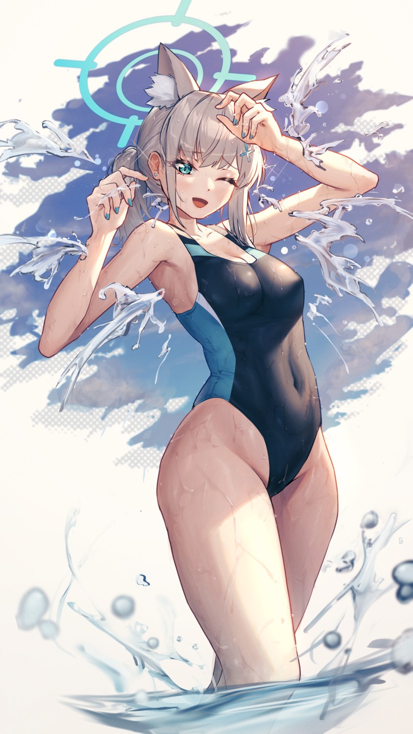 animal_ears blue_archive halo mazel nekomimi sunaookami_shiroko swimsuits wet