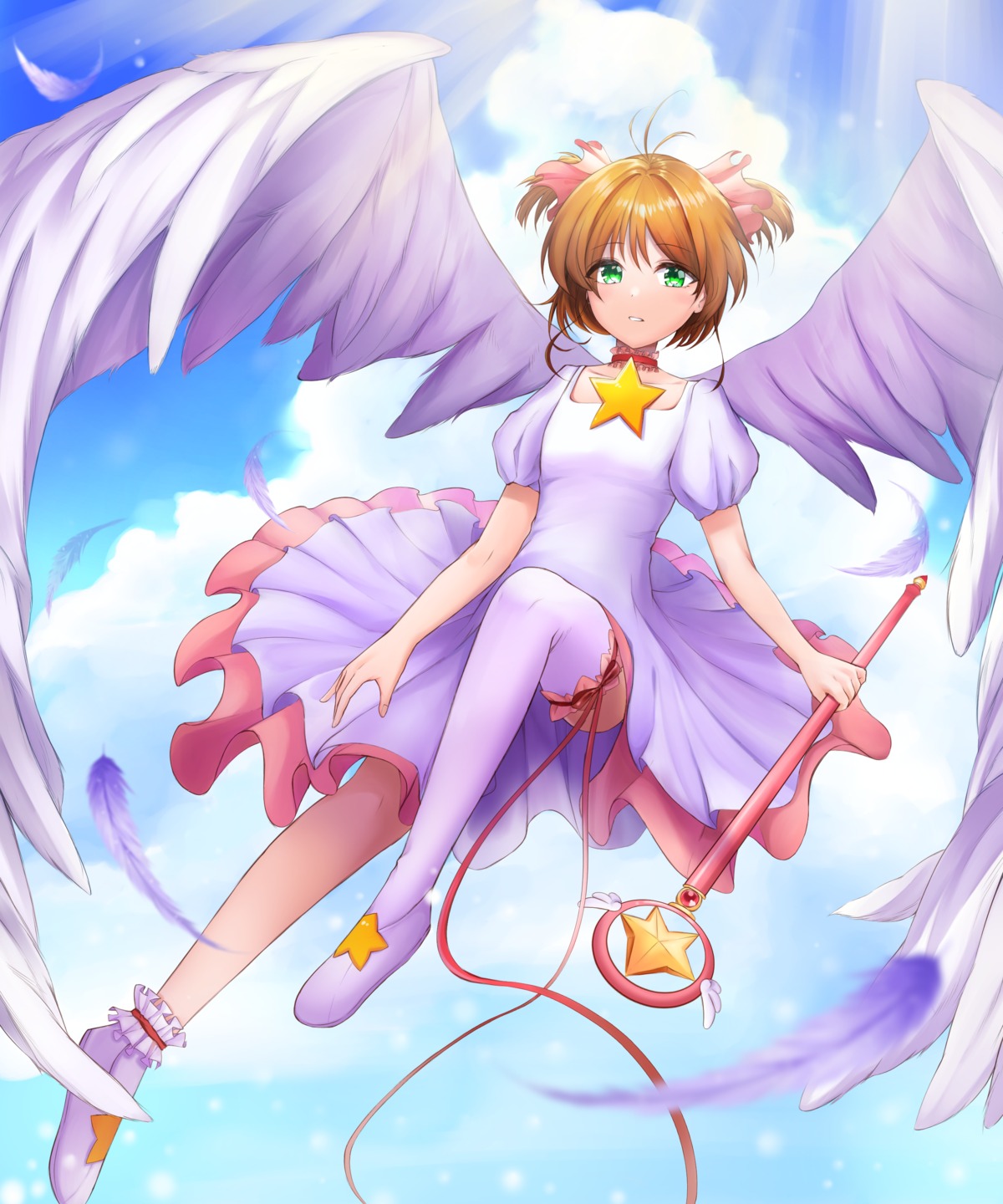 card_captor_sakura csc00014 dress kinomoto_sakura skirt_lift thighhighs weapon wings