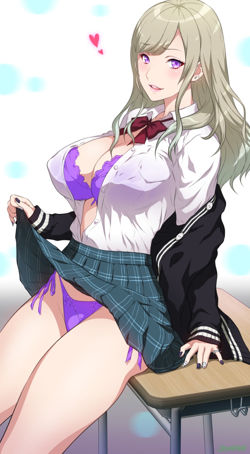 bra joy_ride open_shirt pantsu see_through seifuku skirt_lift string_panties sweater