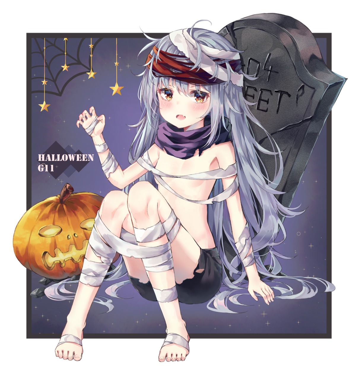 bandages feet g11_(girls_frontline) geuyeon girls_frontline halloween loli topless torn_clothes