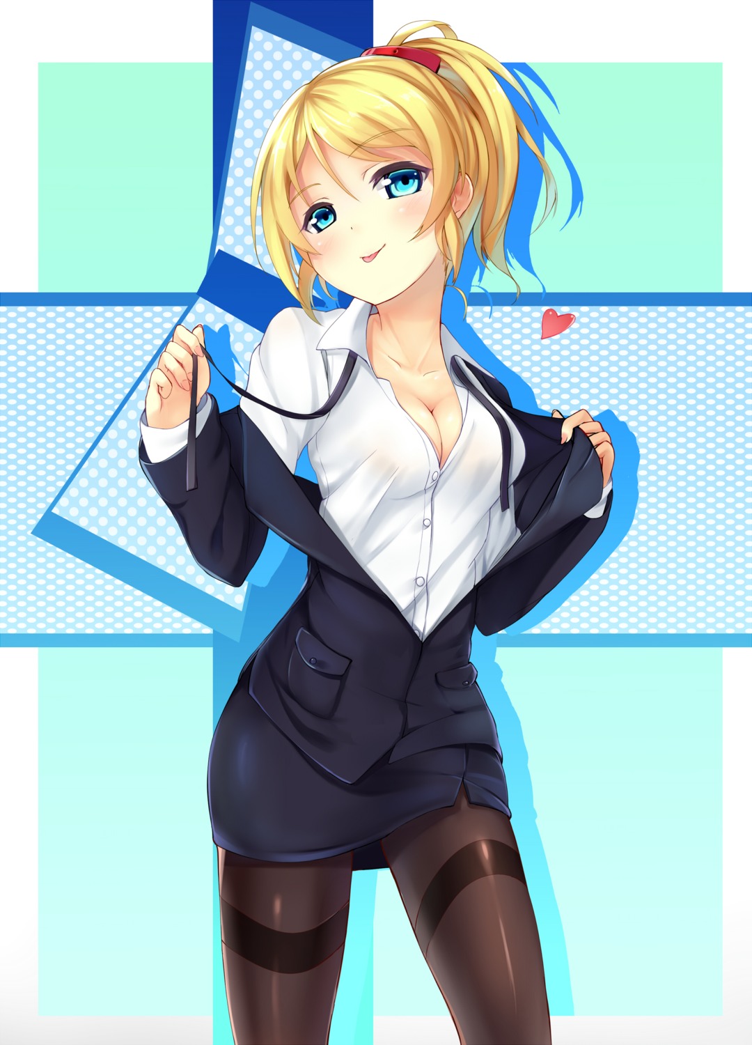 ayase_eli business_suit cleavage kaede_(yumesaki_kaede) love_live! pantyhose undressing