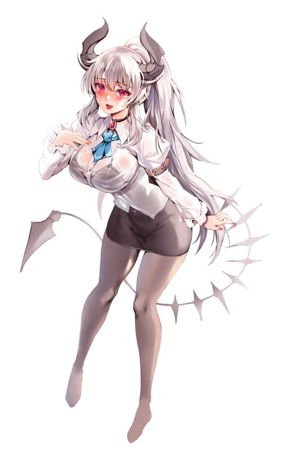 bra dress_shirt horns pantyhose pointy_ears see_through tail wet_clothes zerocat