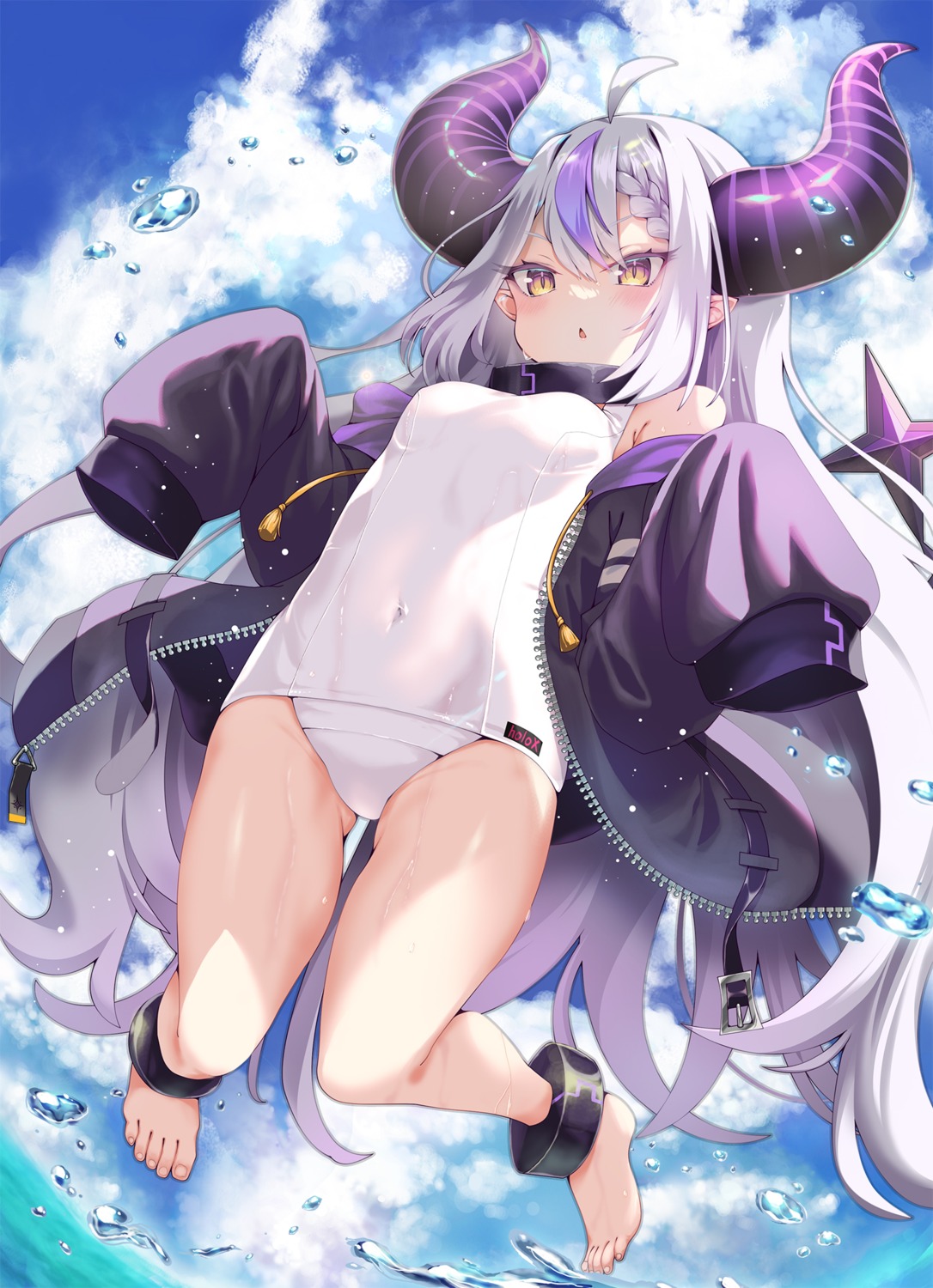 hololive horns kubota_masaki la+_darknesss loli pointy_ears school_swimsuit swimsuits