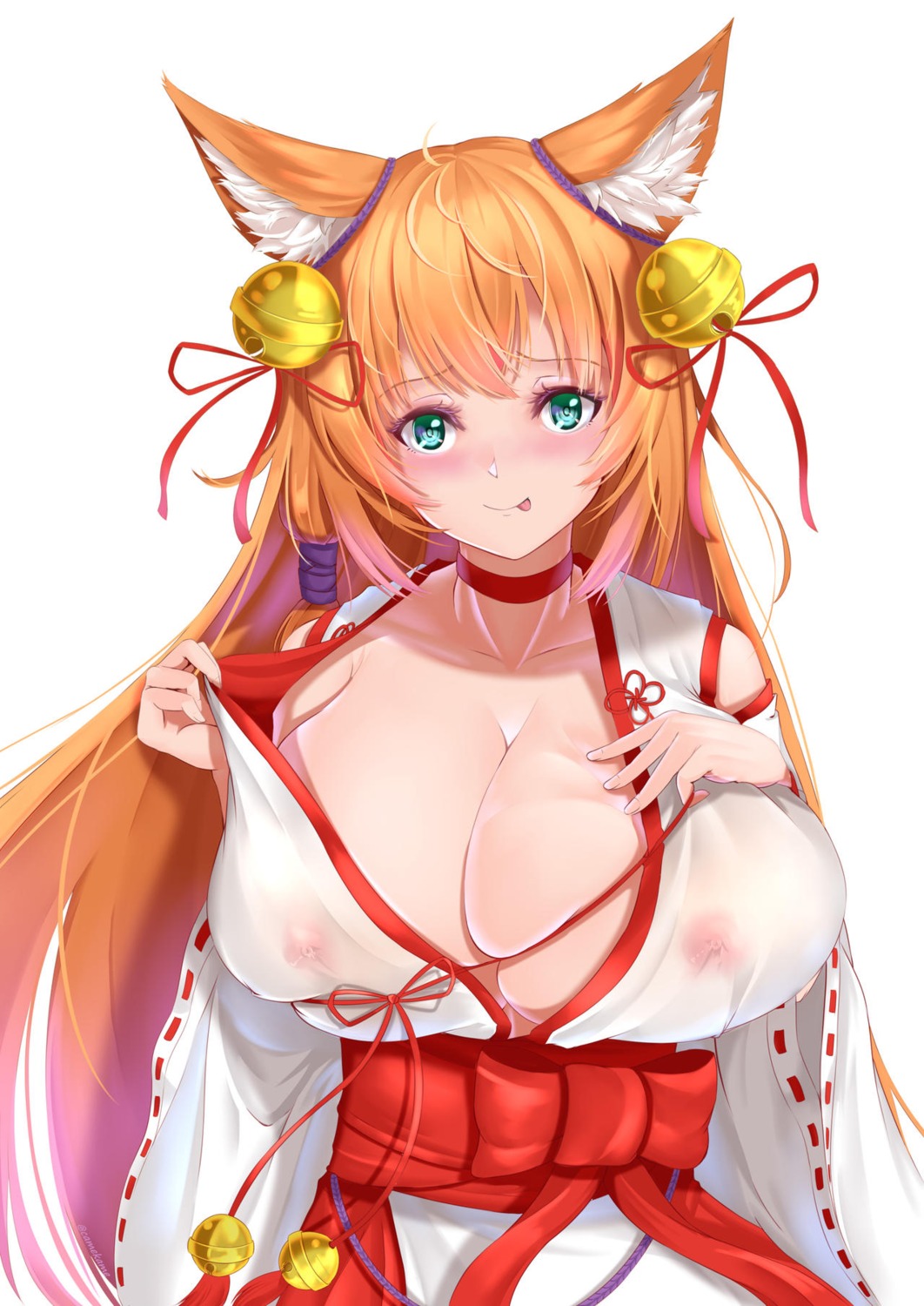 animal_ears cysh kamehito kitsune miko nipples no_bra see_through undressing