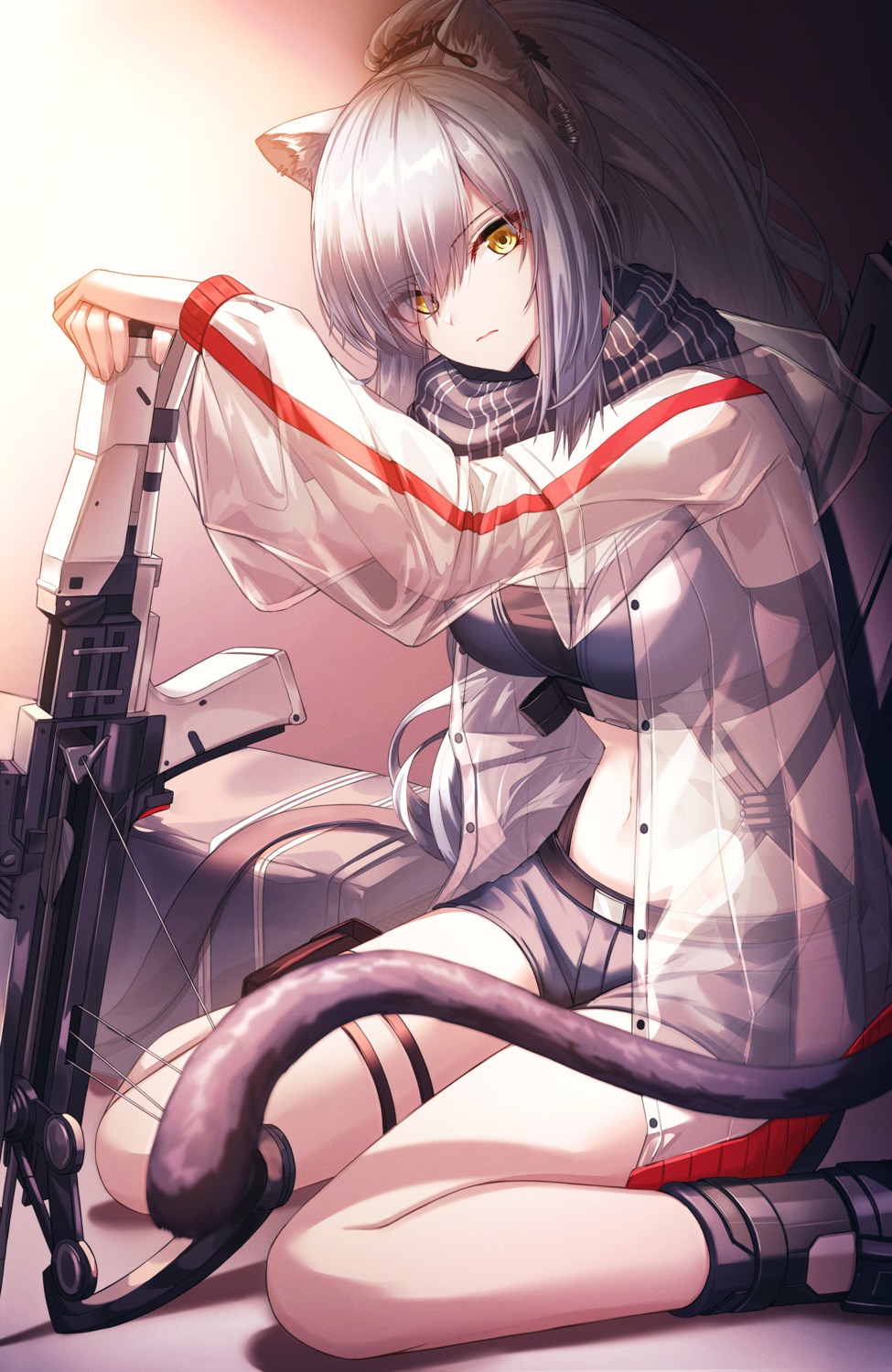 animal_ears arknights cleavage cow-ring garter open_shirt schwarz_(arknights) see_through tail weapon