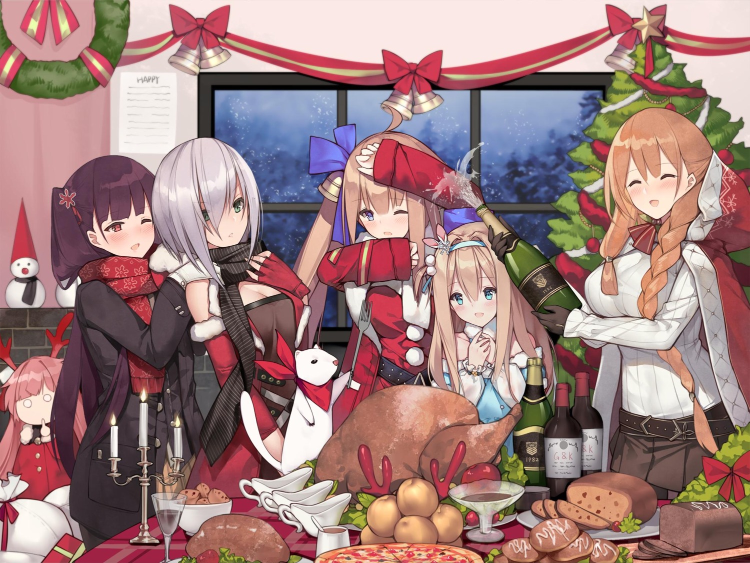 christmas cleavage dress fal_(girls_frontline) girls_frontline horns jpeg_artifacts mg5_(girls_frontline) springfield_(girls_frontline) suisai. suomi_kp31_(girls_frontline) sweater wa2000_(girls_frontline)