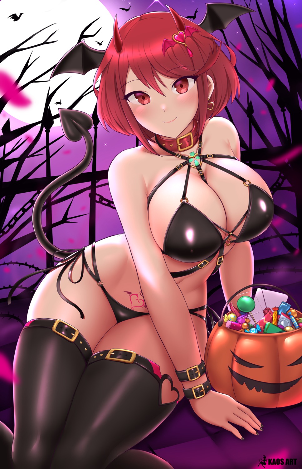 bikini halloween homura_(xenoblade_2) horns kaos_art swimsuits tail tattoo thighhighs wings xenoblade_(series) xenoblade_2