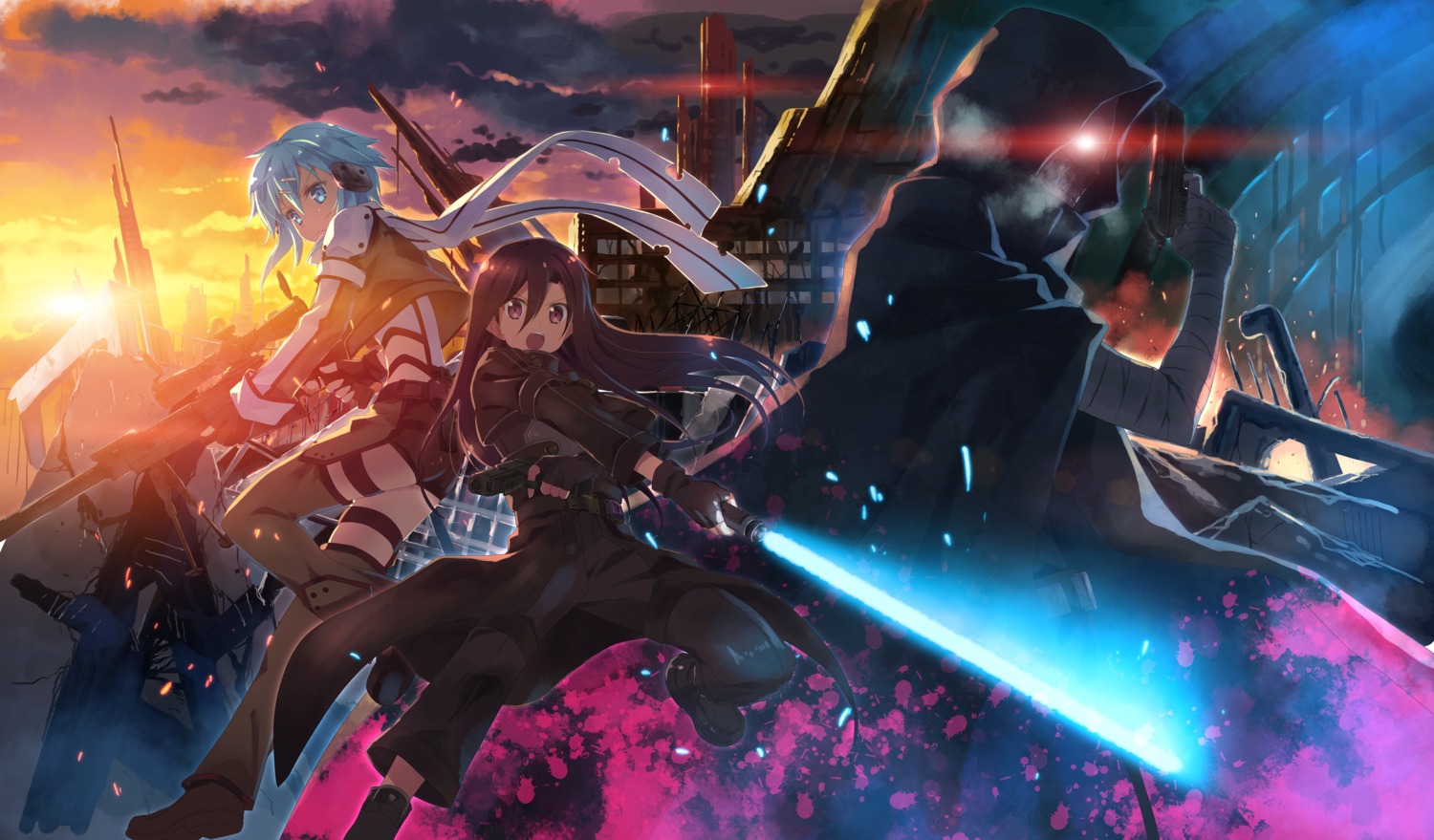 ass bandages death_gun gun gun_gale_online kirito monster sinon studio_s.d.t. sword sword_art_online thighhighs yuuki_tatsuya