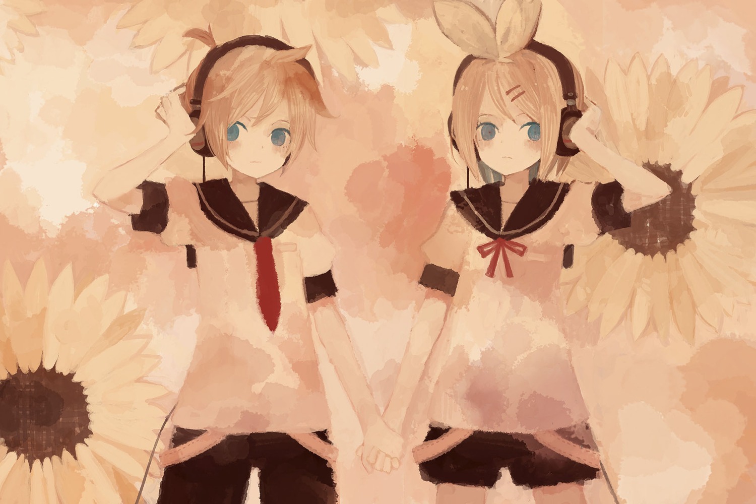 headphones kagamine_len kagamine_rin mitsuki_mouse seifuku vocaloid