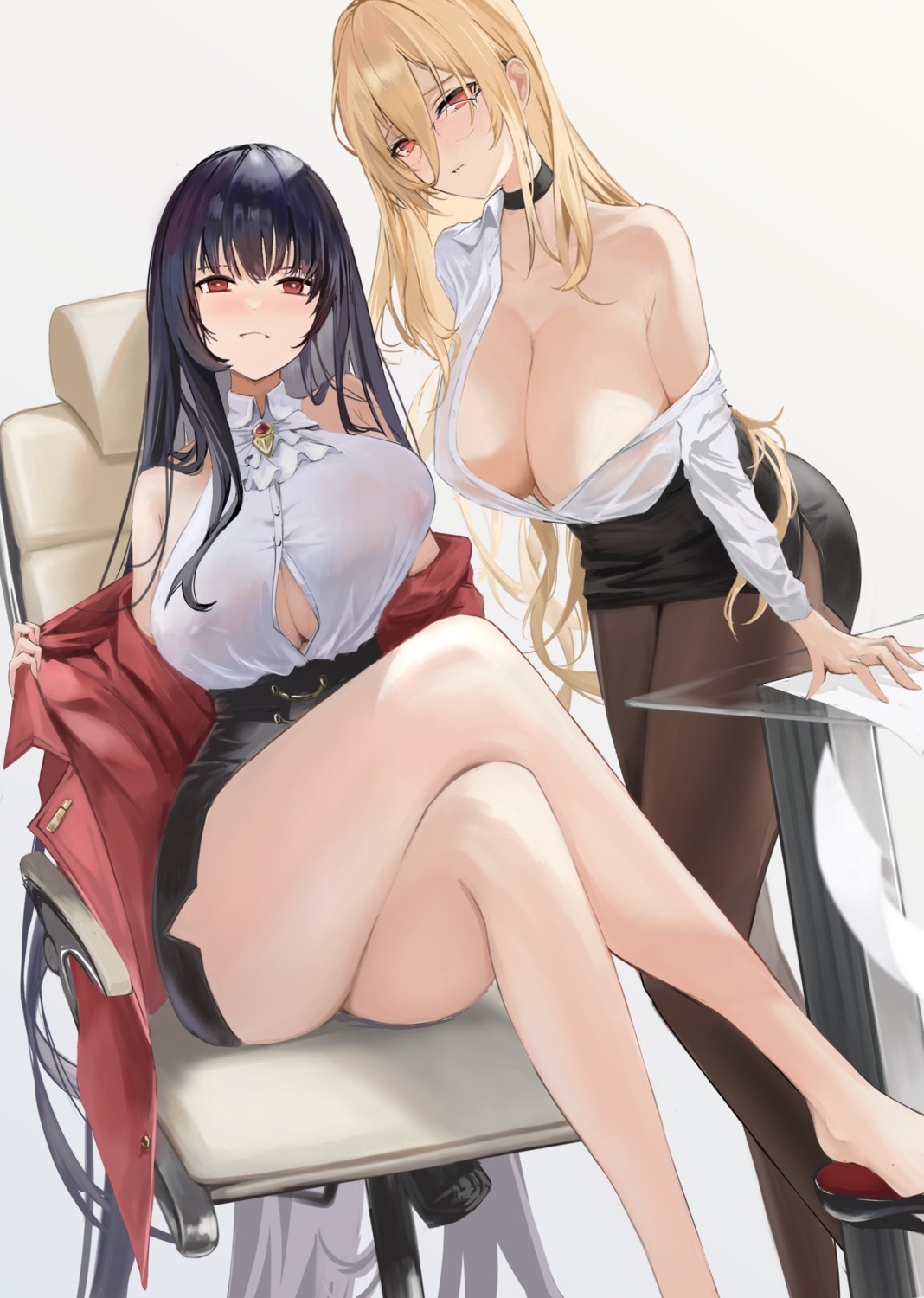 alvitr_(azur_lane) azur_lane chunchilin heels implacable_(azur_lane) megane no_bra open_shirt pantyhose see_through skirt_lift undressing