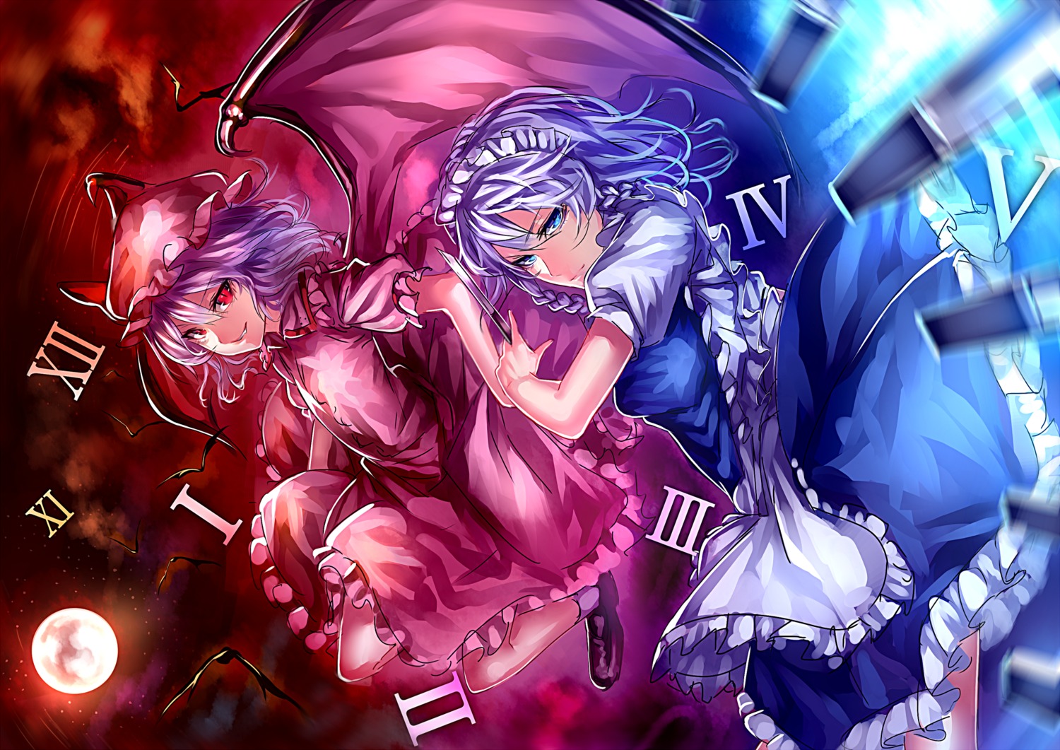 izayoi_sakuya maid remilia_scarlet touhou u_u_zan weapon wings