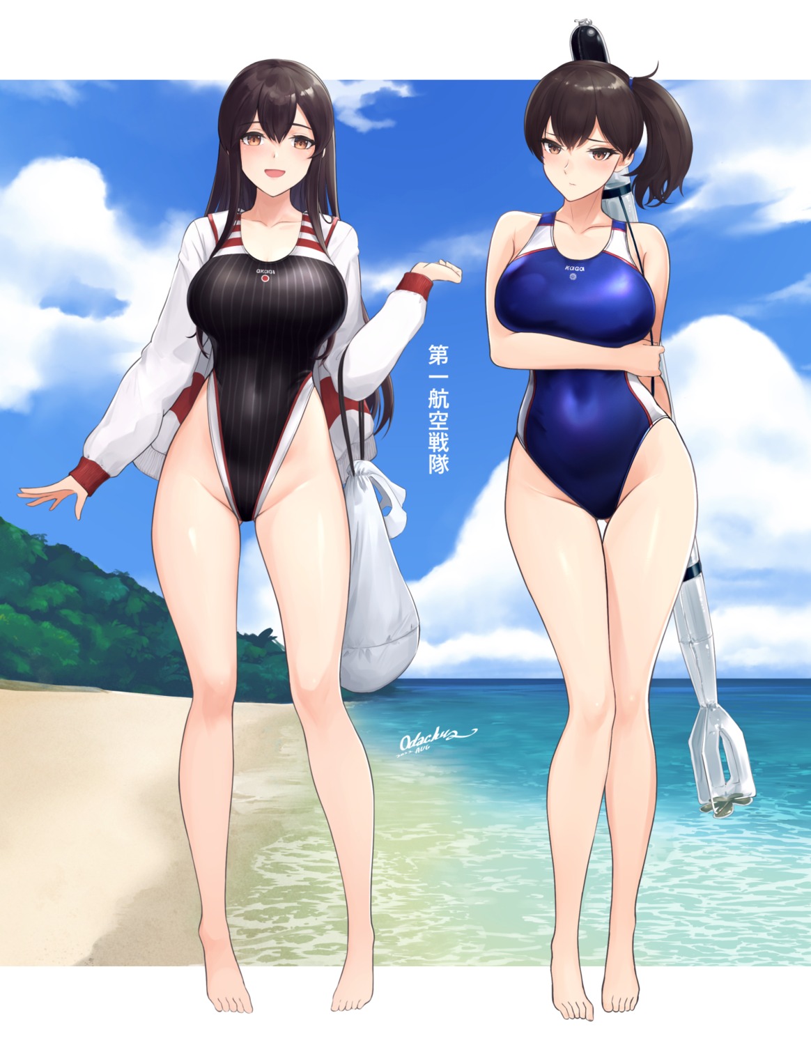 akagi_(kancolle) kaga_(kancolle) kantai_collection odachu swimsuits weapon