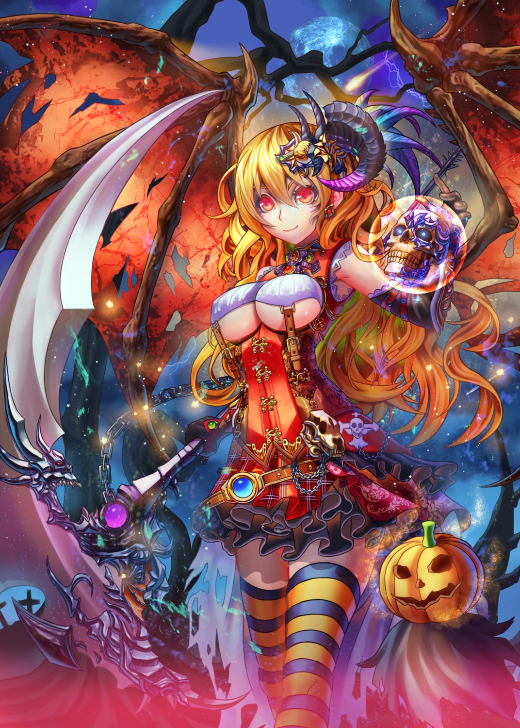 halloween horns kaku-san-sei_million_arthur tako_seijin thighhighs underboob weapon wings