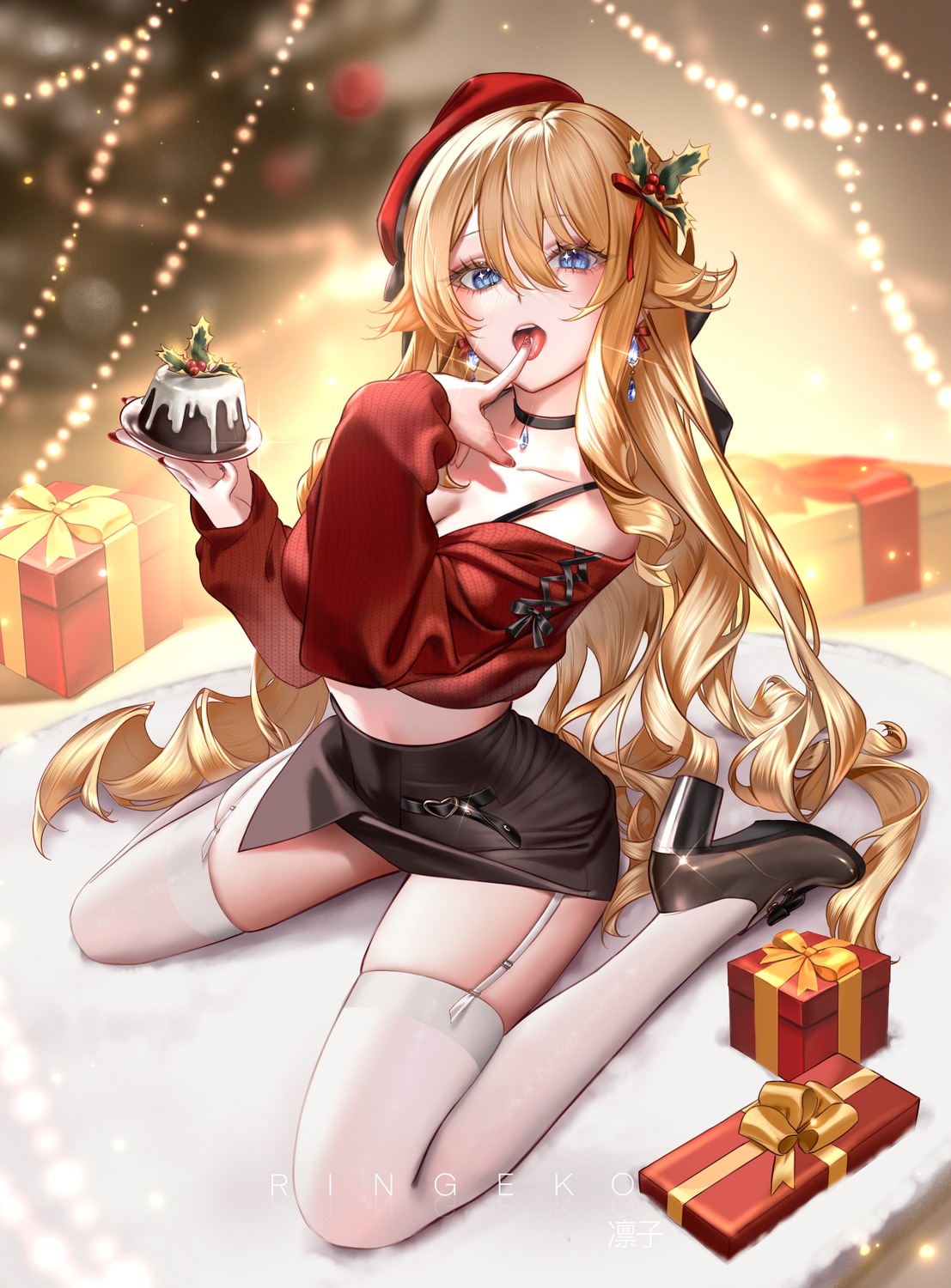 christmas cleavage genshin_impact heels navia ringeko-chan stockings sweater thighhighs