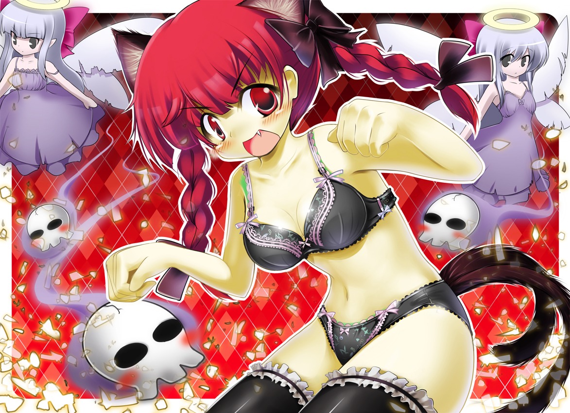 animal_ears bra kaenbyou_rin lingerie mocchi nekomimi pantsu tail thighhighs touhou