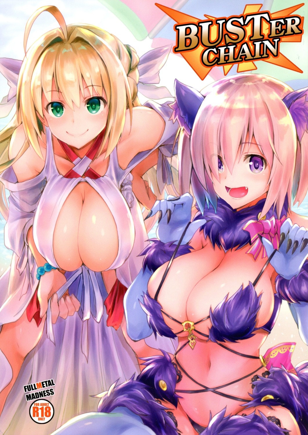 animal_ears asahi cleavage fate/grand_order mash_kyrielight open_shirt possible_duplicate saber_extra