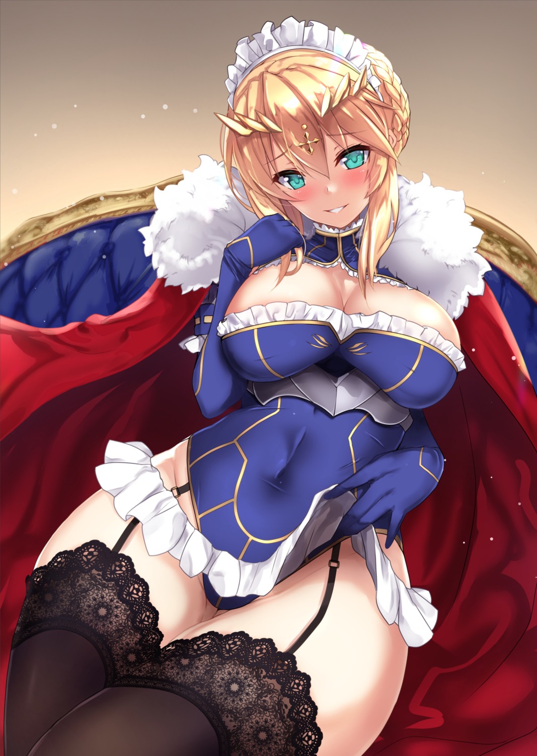 artoria_pendragon_(lancer) cleavage fate/grand_order leotard skirt_lift stockings thighhighs untsue