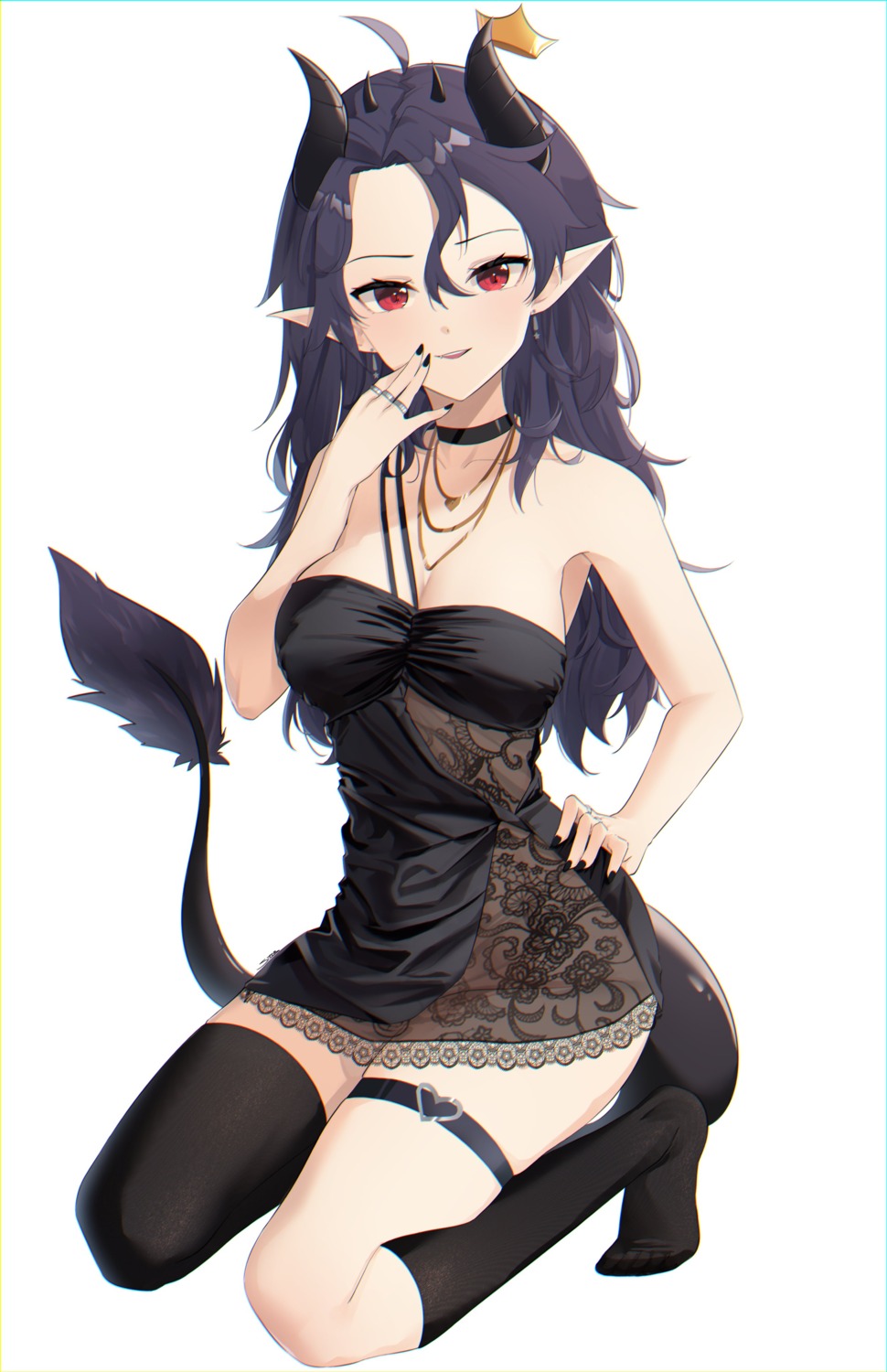 cleavage dress garter horns indie_virtual_youtuber no_bra nopan pointy_ears see_through steeb tail thighhighs