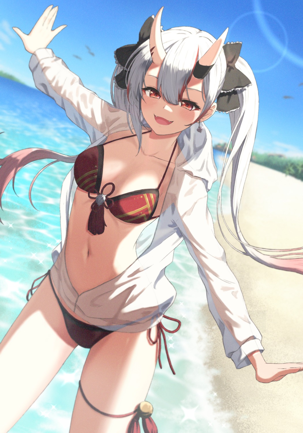 bikini bowsan garter hololive horns nakiri_ayame open_shirt see_through swimsuits