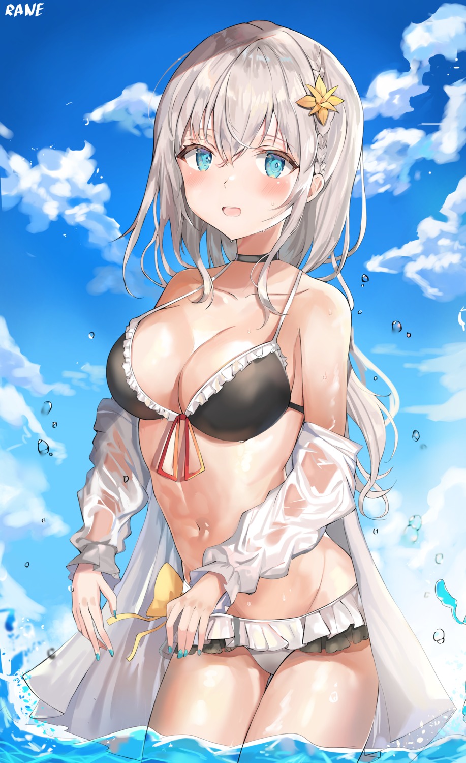 bikini harune_rane open_shirt swimsuits watermark wet wet_clothes