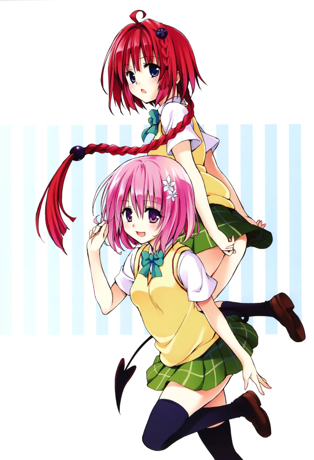 kurosaki_mea momo_velia_deviluke seifuku skirt_lift tail thighhighs to_love_ru to_love_ru_darkness yabuki_kentarou