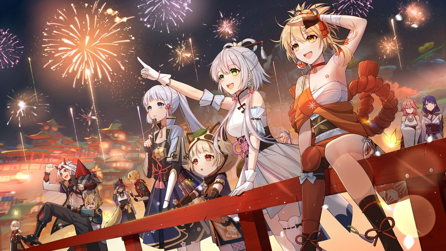 animal_ears arataki_itto armor crossover genshin_impact gorou_(genshin_impact) horns japanese_clothes kaedehara_kazuha kamisato_ayaka kitsune kujou_sara luo_tianyi miko raiden_shogun sangonomiya_kokomi sarashi sayu_(genshin_impact) tail tattoo thighhighs thoma vocaloid yae_miko yoimiya yolanda