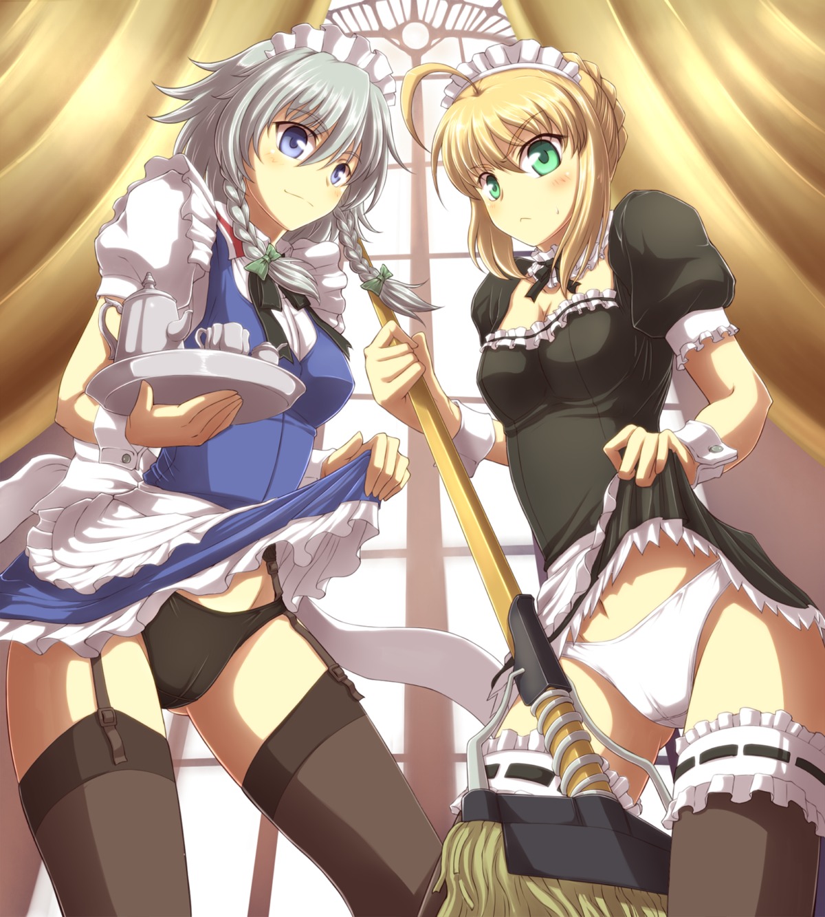 carnival_phantasm cleavage crossover fate/stay_night garter_belt haniwa_jin izayoi_sakuya maid pantsu saber stockings thighhighs touhou