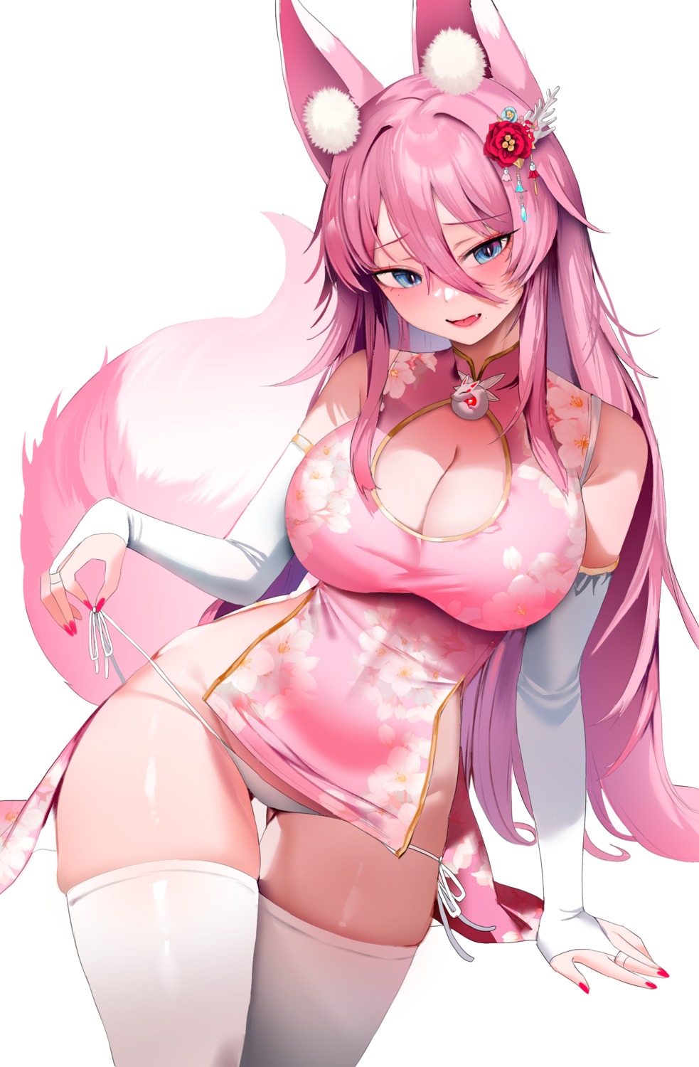 animal_ears chinadress cleavage kitsune pantsu panty_pull string_panties tail thighhighs undressing zerocat