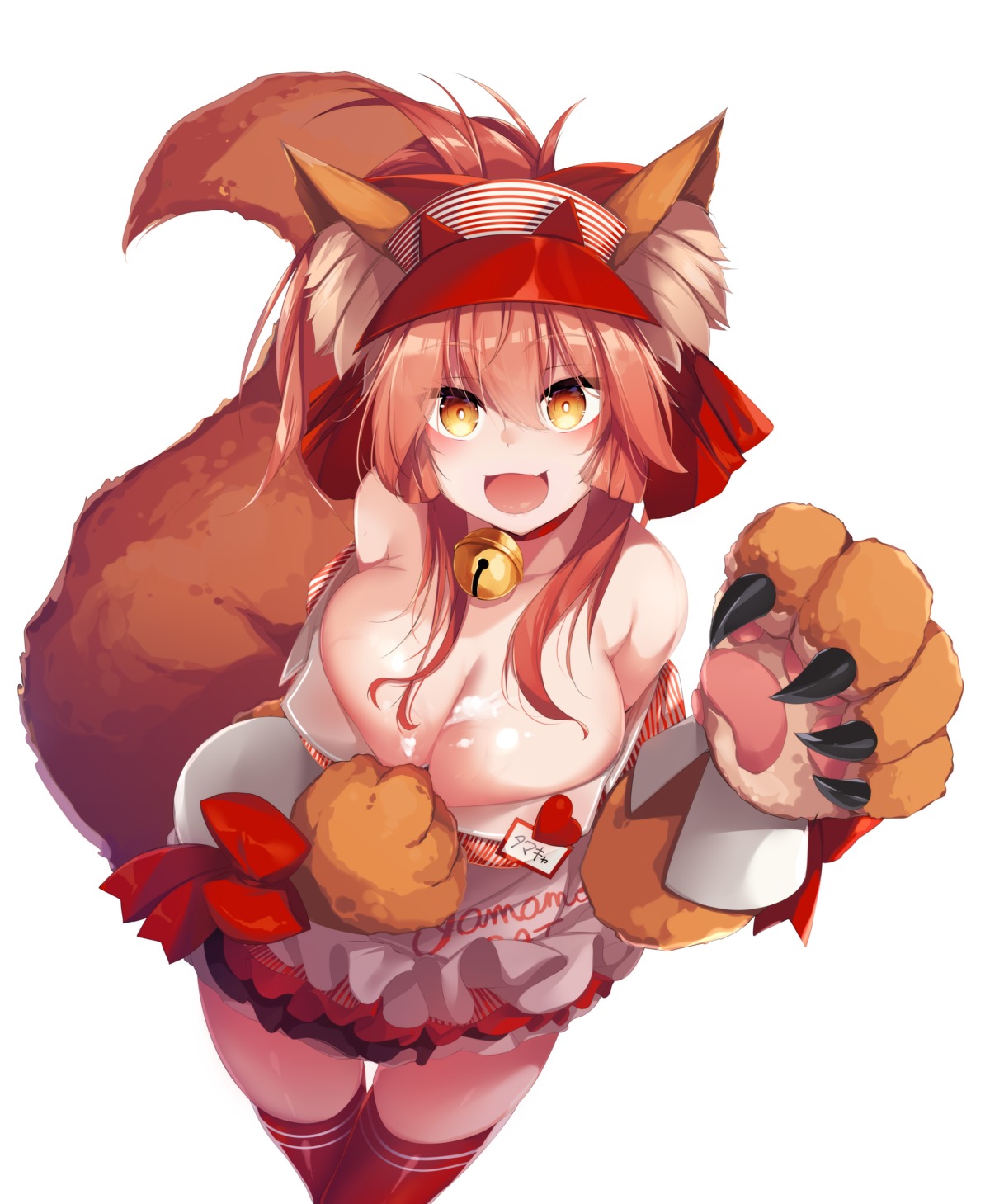 animal_ears cream fate/grand_order kana616 kitsune no_bra open_shirt tail tamamo_cat thighhighs undressing waitress