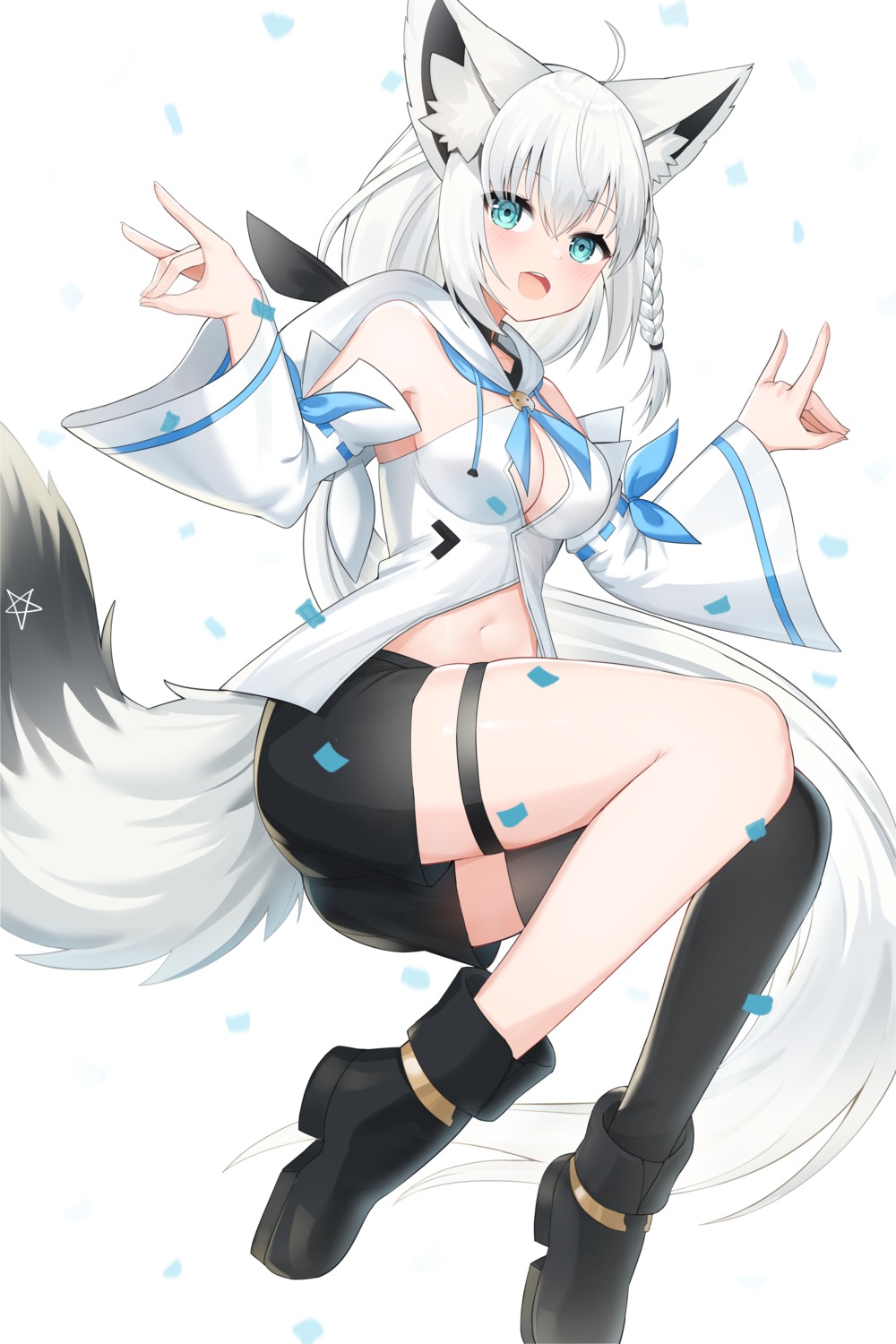 animal_ears garter hololive hololive_gamers kitsune neko_lu_(wofud453) no_bra shirakami_fubuki tail thighhighs