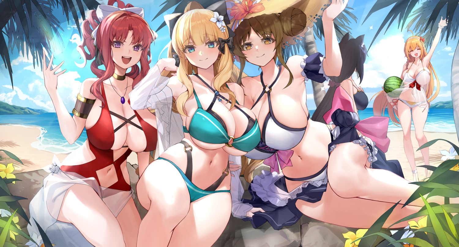 amano_suzume animal_ears bikini garter karyl_(princess_connect) open_shirt pecorine princess_connect princess_connect!_re:dive sasaki_saren see_through skirt_lift swimsuits toudou_akino xiujia_yihuizi