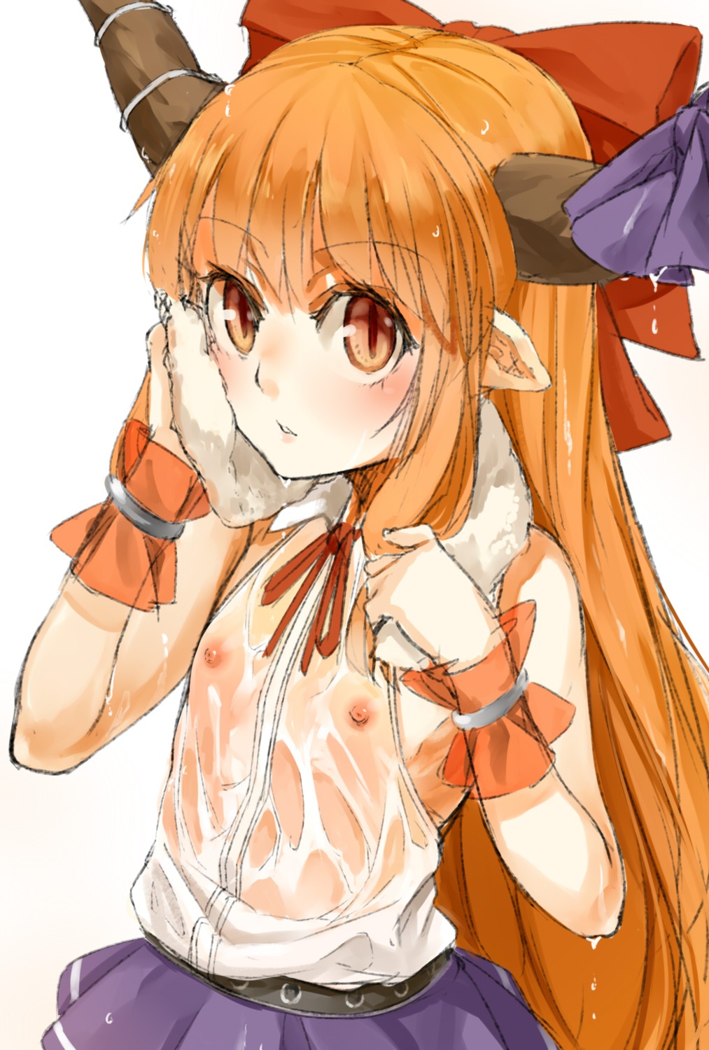 horns ibuki_suika loli nipples nishiuri no_bra pointy_ears see_through touhou towel wet wet_clothes